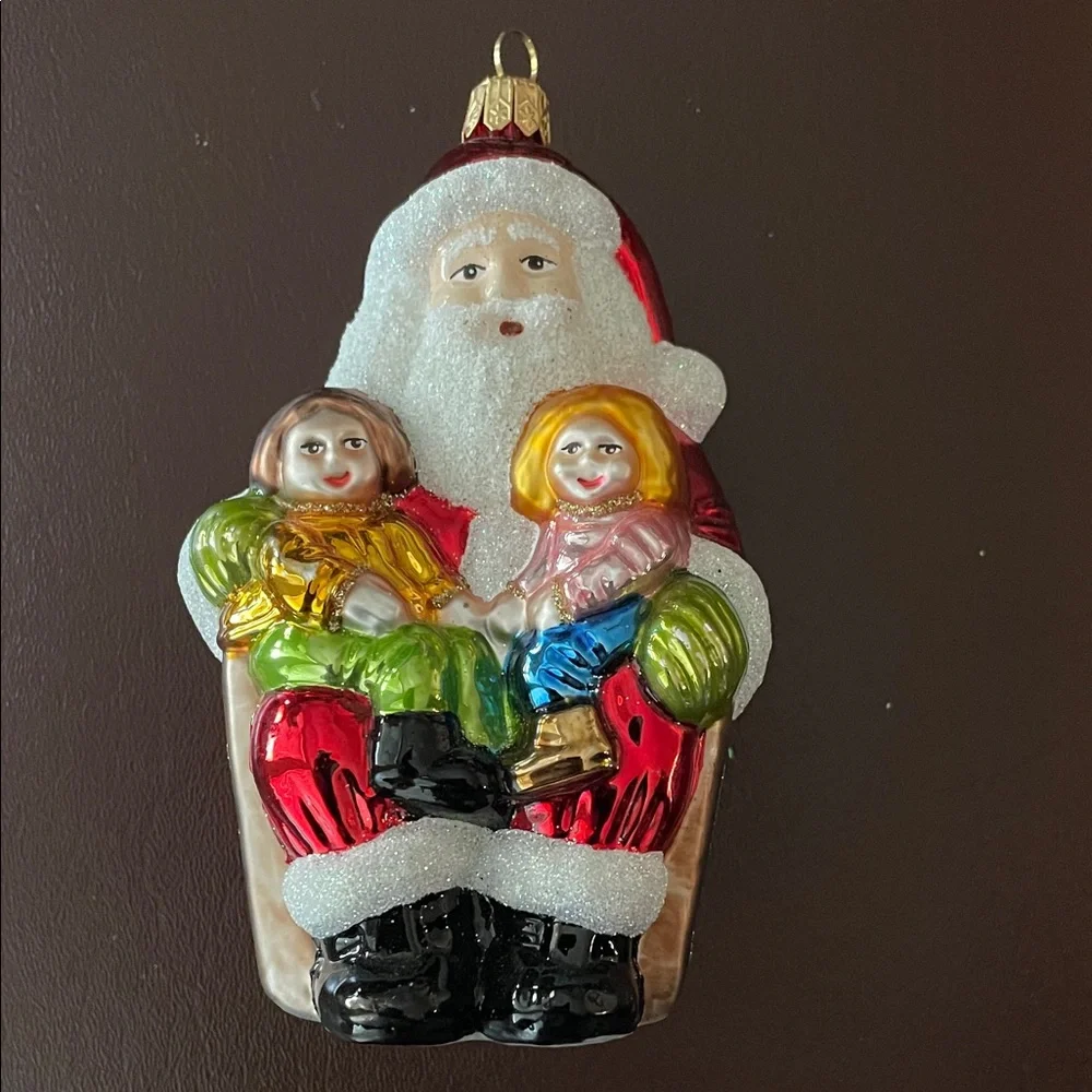 Hand Blown Santa Claus Glass Ornament with Children - Multicolor